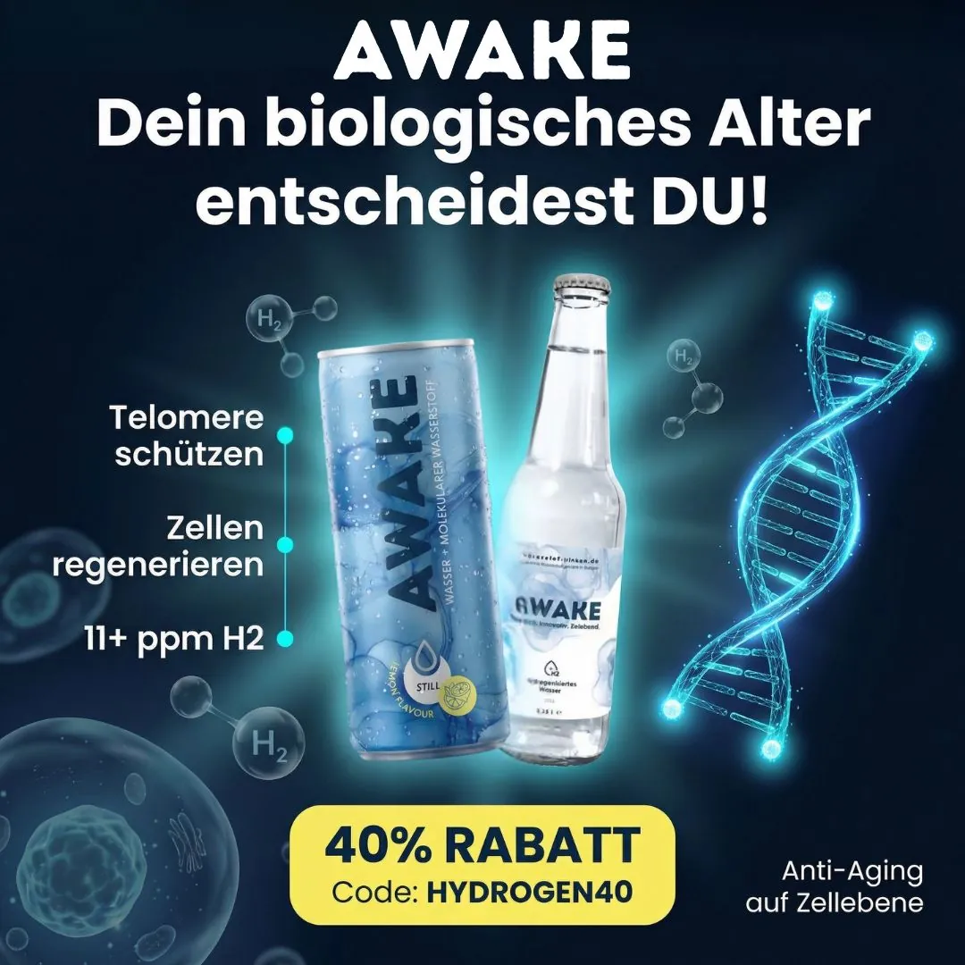 AWAKE Wasserstoffwasser Dose und Glasflasche mit DNA-Helix