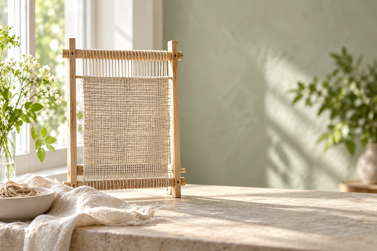 Wooden weaving frame with natural-coloured fabric, fibres and window light.