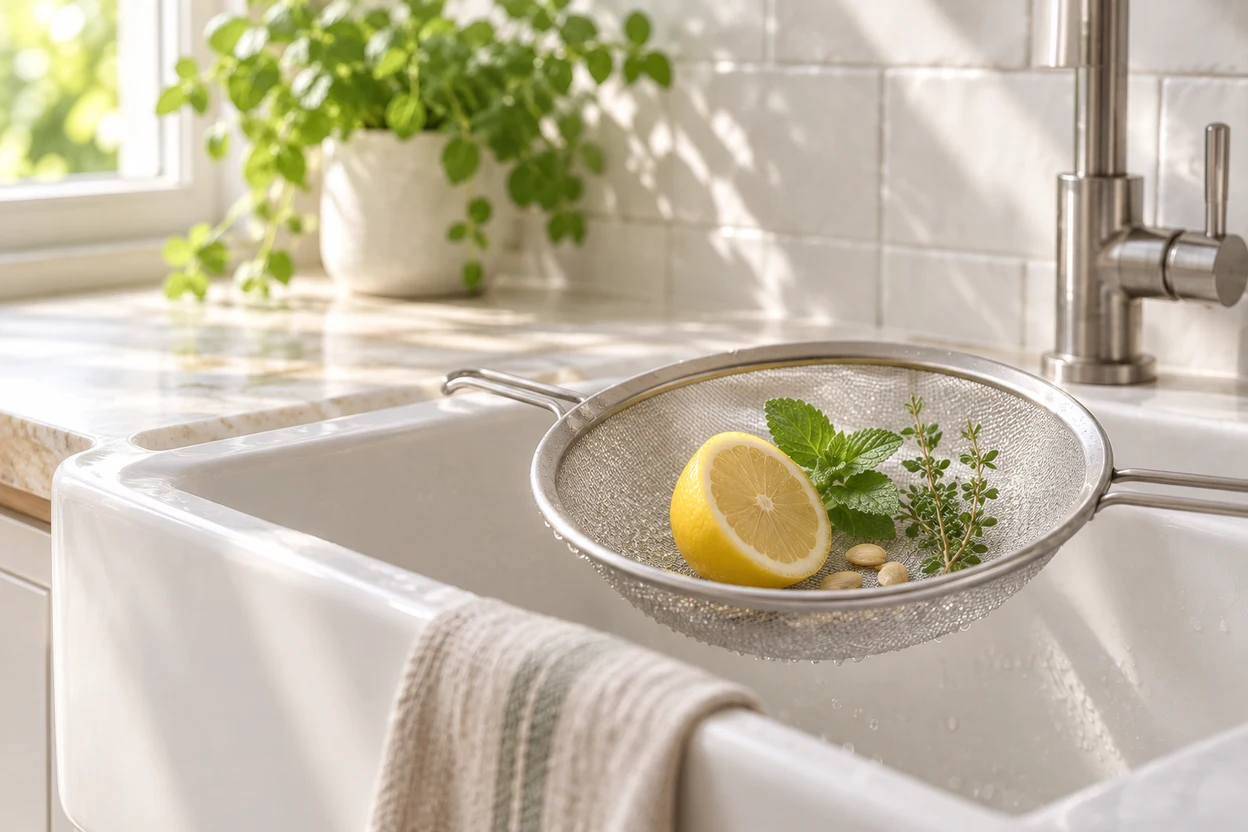 Bright sink with a sieve, half a lemon, herbs and pale seeds.
