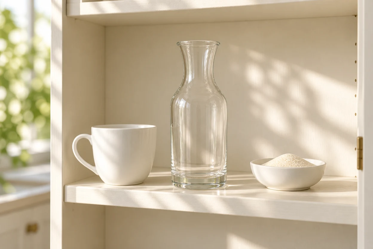 Offenes helles Regal mit Glasgefäß, Tasse und Schale mit hellem Pulver.