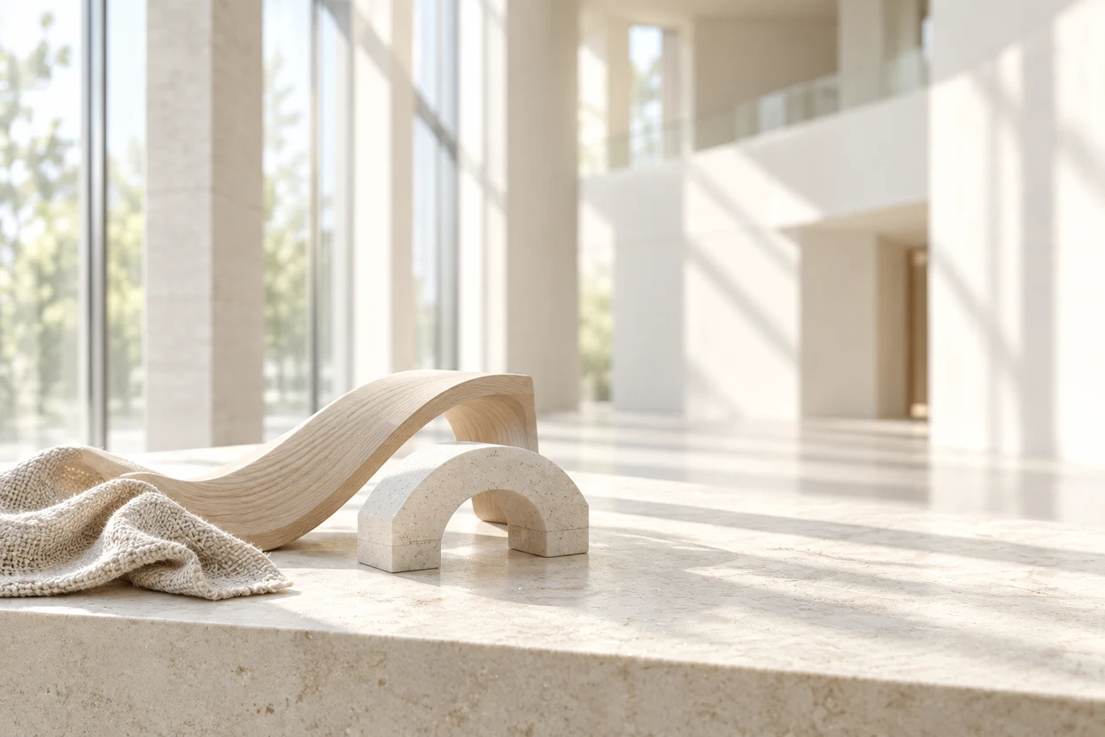 Bright atrium with a curved wooden form, stone arch and fabric.