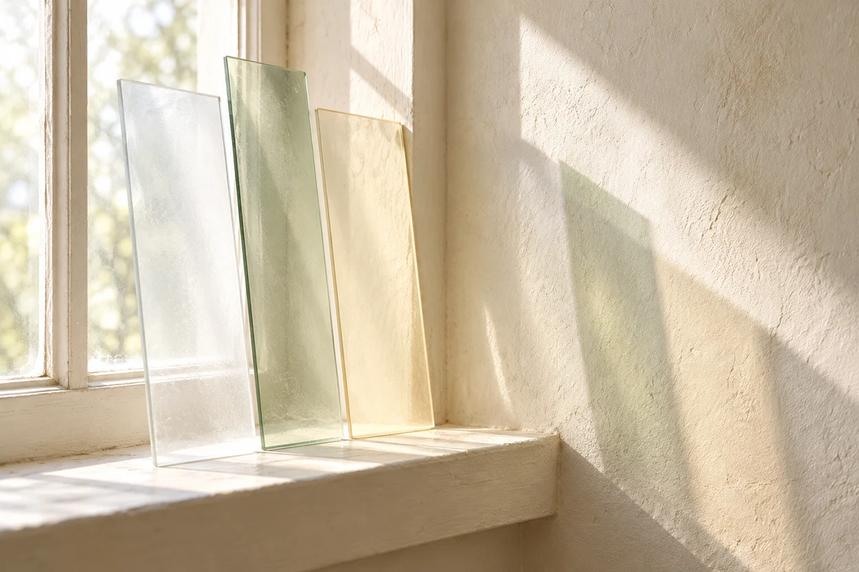 Illustration for the IntroDrink.ch article on collagen and hormones: three narrow translucent glass panels in clear, pale green and cream on a sunlit windowsill.