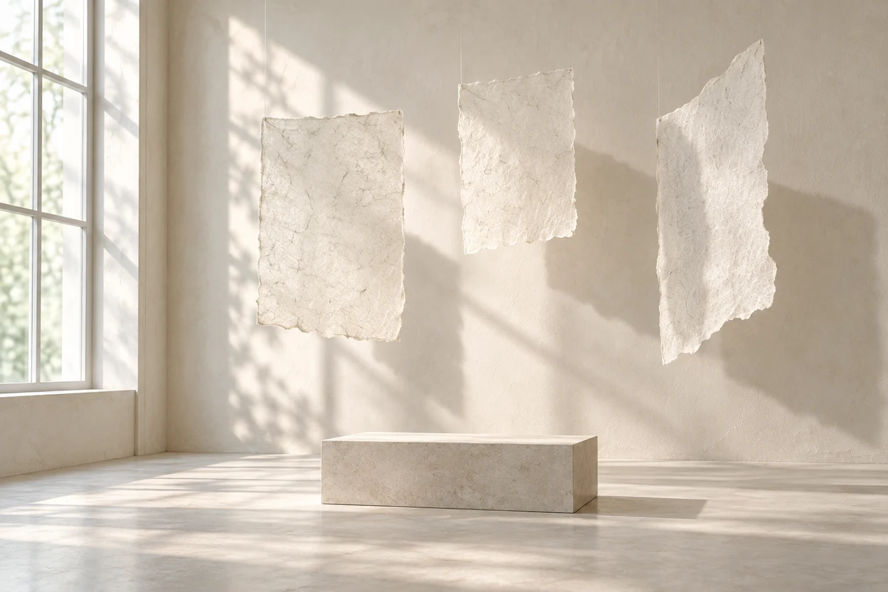 Helle Papierlagen in einem Atelier mit Fensterlicht und Steinquader.