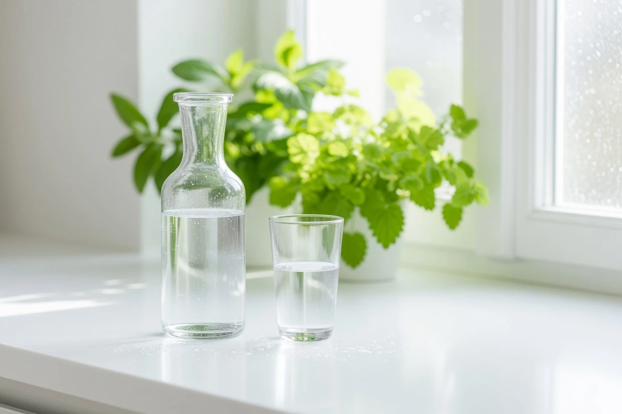 Bright windowsill with a carafe, a glass of water and a green plant.