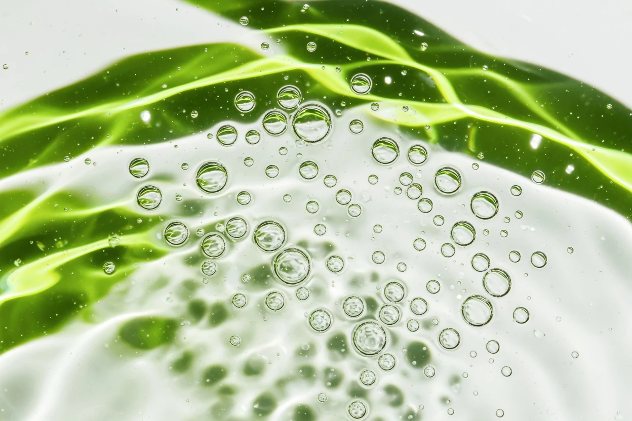 Water droplets in front of green leaves.