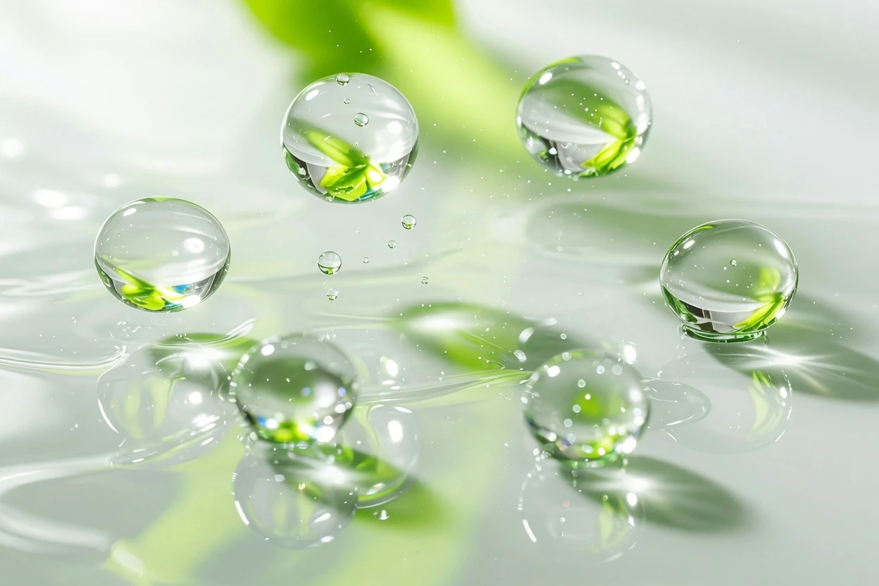Clear droplets on a bright water surface with green reflections.