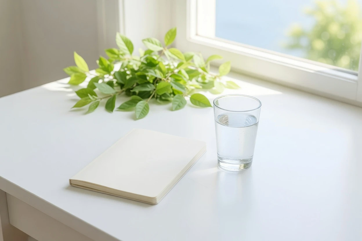 Bright desk with a blank notebook, a glass of water and a leafy branch by a window.