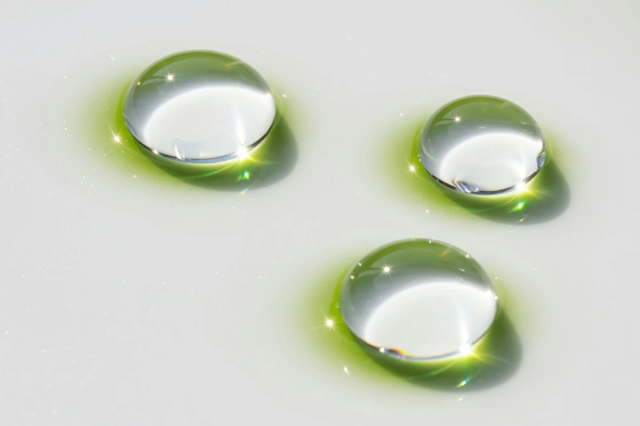 Three clear droplets on a white background with green light reflections.