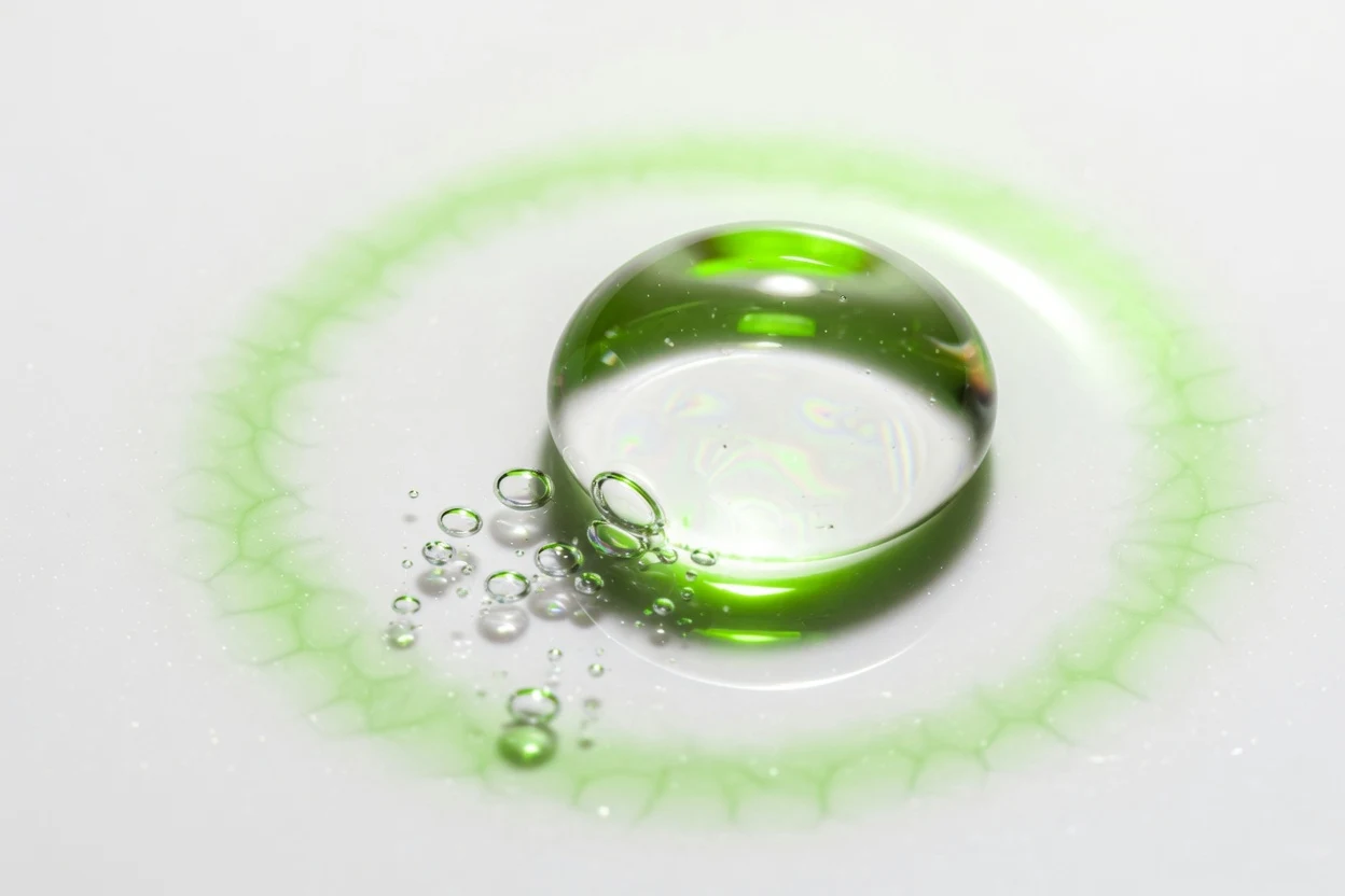 Large clear droplet with small bubbles and a green ring of light.